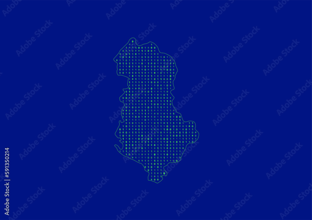 Vector Albania map for technology or innovation or it concepts. Minimalist country border filled with 1s and 0s. File is suitable for digital editing and prints of all sizes.