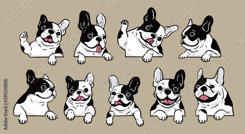 Cute Cartoon peeking Black and White French Bulldog dog set	