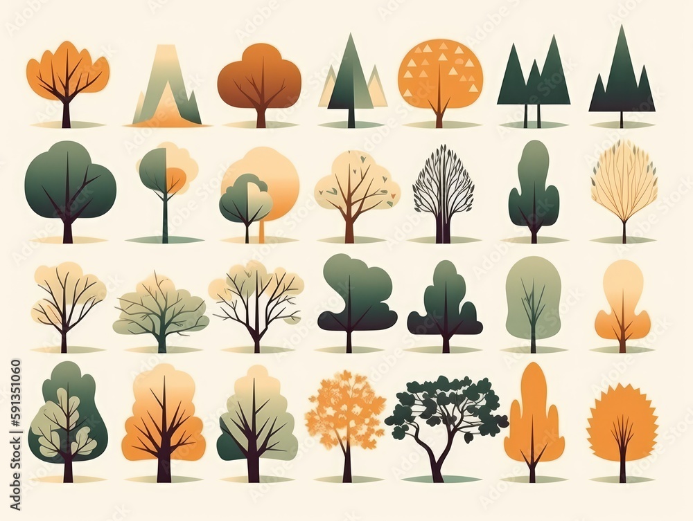 Obraz premium Set Isolated tree on white background, The collection of trees. Set of trees and shrubs. Collection of natural design elements trees with leaves. generative ai