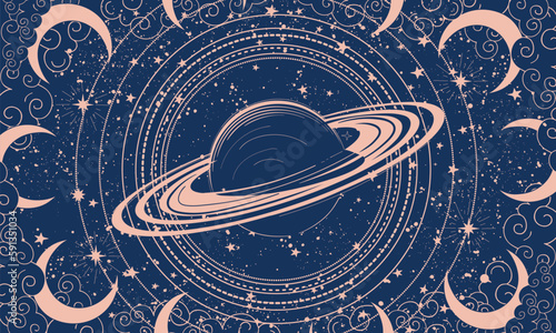 Mystical space background with planet saturn and moon on blue background with stars, flat design for astrology, zodiac, horoscope. Vector illustration, modern banner.