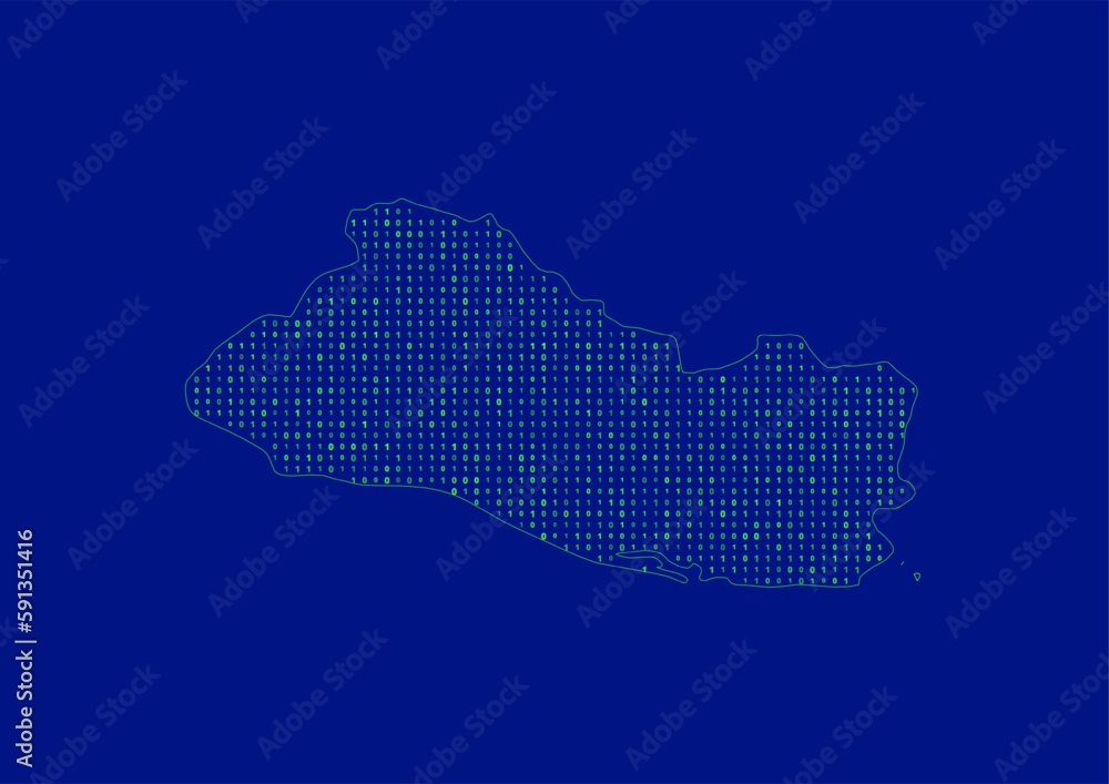 Vector El Salvador map for technology or innovation or it concepts. Minimalist country border filled with 1s and 0s. File is suitable for digital editing and prints of all sizes.