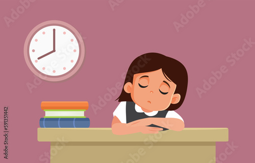 Tired School Girl Resting her Head on the Desk Vector Cartoon Illustration. Little child falling asleep during classes feeling exhausted and bored 
