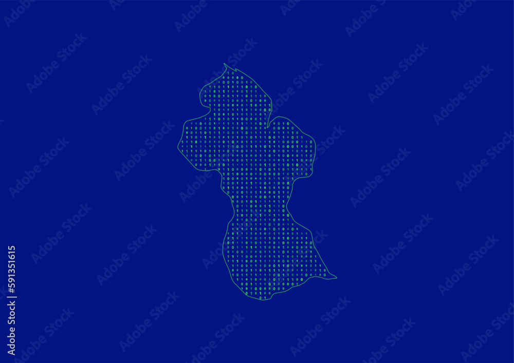 Vector Guyana map for technology or innovation or it concepts. Minimalist country border filled with 1s and 0s. File is suitable for digital editing and prints of all sizes.