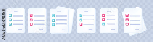 3d survey, paper page set. Form of a document or questionnaire with the result. Exam, сhecklist or quiz with checkbox accepted or rejected. Completed task, executed document or result voting. Vector.
