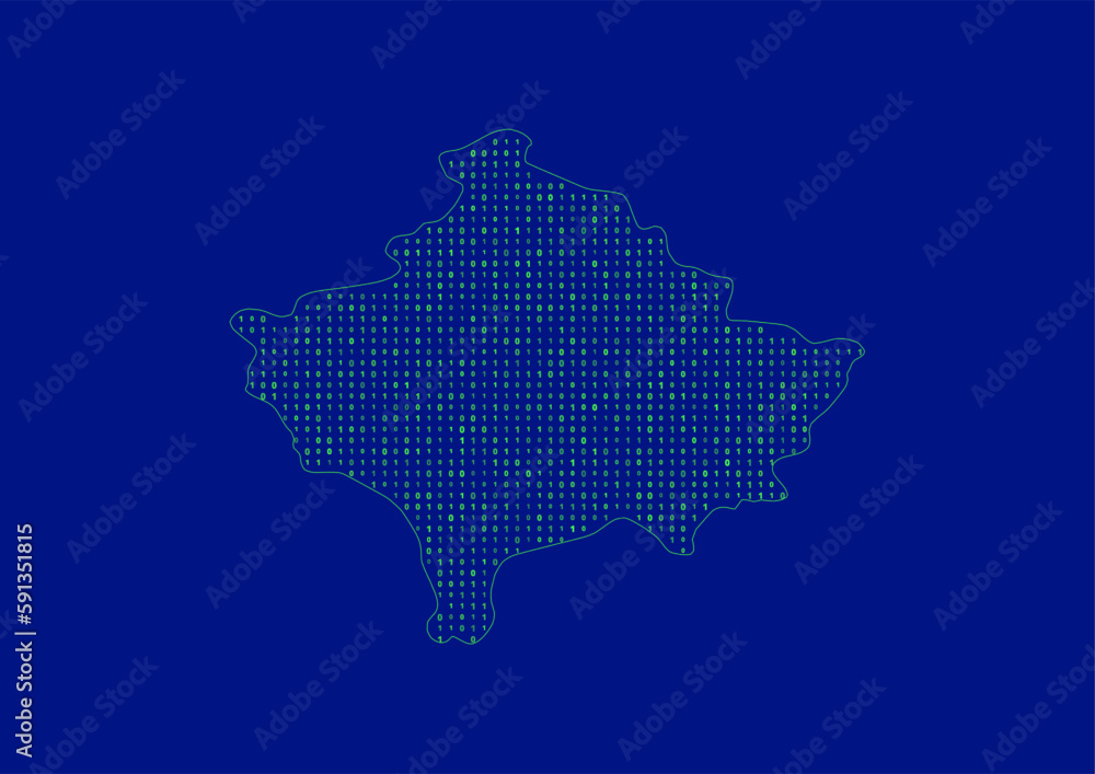 Vector Kosovo map for technology or innovation or it concepts. Minimalist country border filled with 1s and 0s. File is suitable for digital editing and prints of all sizes.