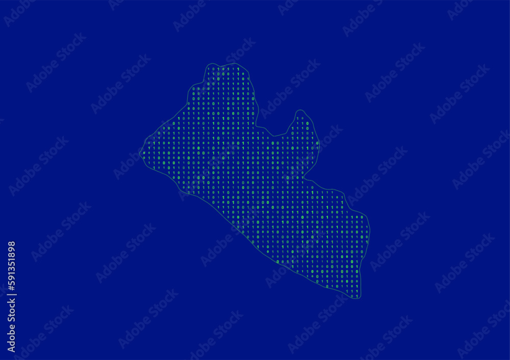 Vector Liberia map for technology or innovation or it concepts. Minimalist country border filled with 1s and 0s. File is suitable for digital editing and prints of all sizes.