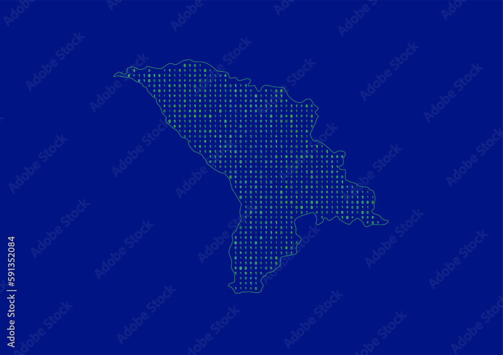 Vector Moldova map for technology or innovation or it concepts. Minimalist country border filled with 1s and 0s. File is suitable for digital editing and prints of all sizes.