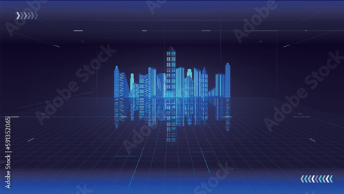 Interior perspective facing the illustration of the future city skyline