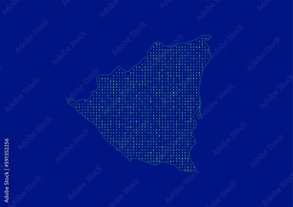 Vector Nicaragua map for technology or innovation or it concepts. Minimalist country border filled with 1s and 0s. File is suitable for digital editing and prints of all sizes.