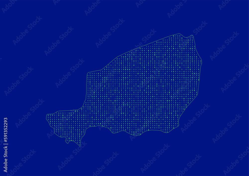 Vector Niger map for technology or innovation or it concepts. Minimalist country border filled with 1s and 0s. File is suitable for digital editing and prints of all sizes.
