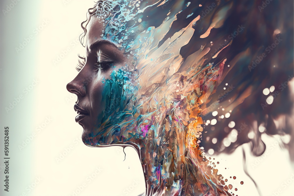 Wondrous illustration portrait woman with colorful iridescent exploding ...