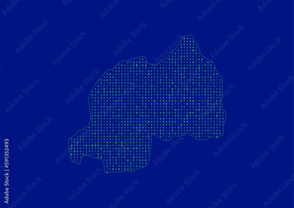 Vector Rwanda map for technology or innovation or it concepts. Minimalist country border filled with 1s and 0s. File is suitable for digital editing and prints of all sizes.