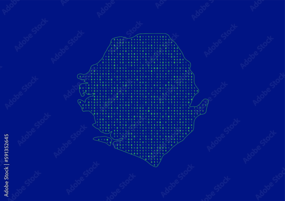 Vector Sierra Leone map for technology or innovation or it concepts. Minimalist country border filled with 1s and 0s. File is suitable for digital editing and prints of all sizes.