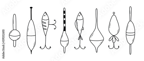 Set of elements for fishing.Collection of tackle and lures for fishing. vector illustration. Doodle style. Bright set for summer fishing.