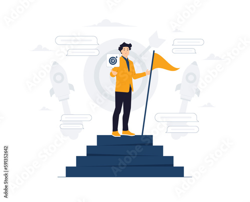 Success male entrepreneur, man leadership or challenge and achievement, success businessman on top of career staircase holding winning flag looking for future visionary concept illustration