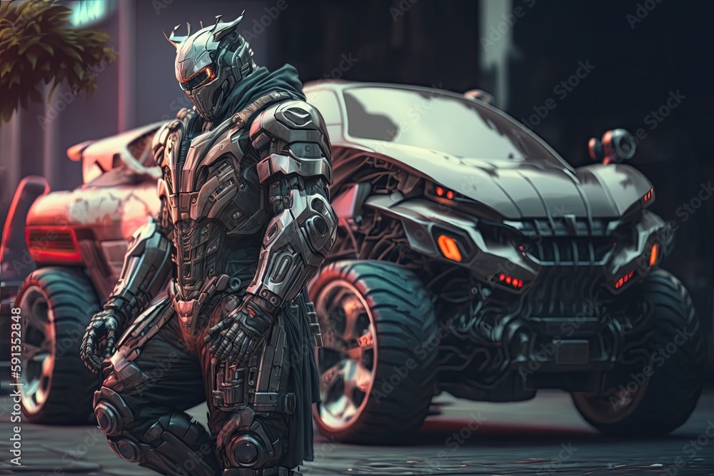 futuristic man standing beside his sleek car in a high-tech city. Generative AI