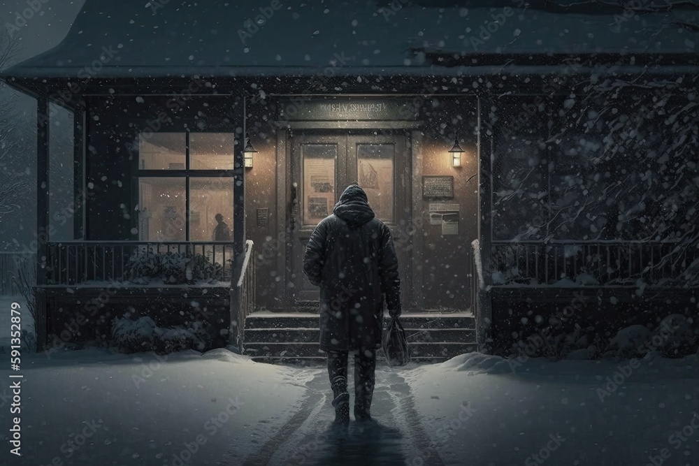 winter scene with a person standing in front of a cozy home. Generative AI
