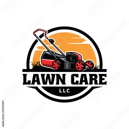 red lawn mower illustration logo vector