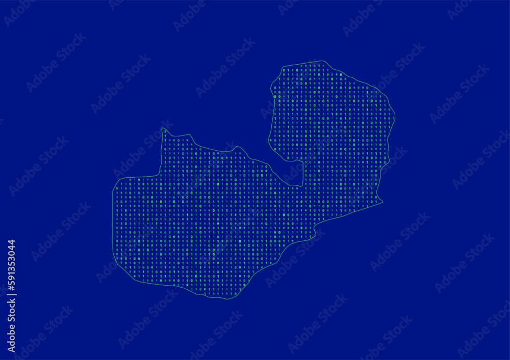 Vector Zambia map for technology or innovation or it concepts. Minimalist country border filled with 1s and 0s. File is suitable for digital editing and prints of all sizes.