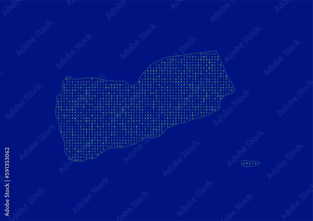 Vector Yemen map for technology or innovation or it concepts. Minimalist country border filled with 1s and 0s. File is suitable for digital editing and prints of all sizes.