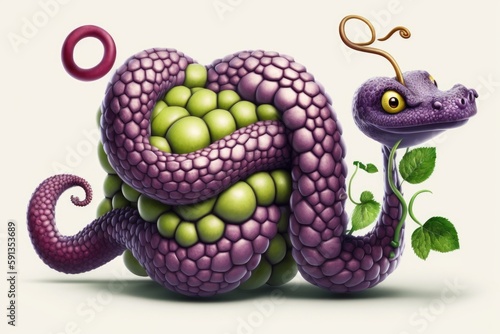 purple and green snake coiled around a green plant. Generative AI