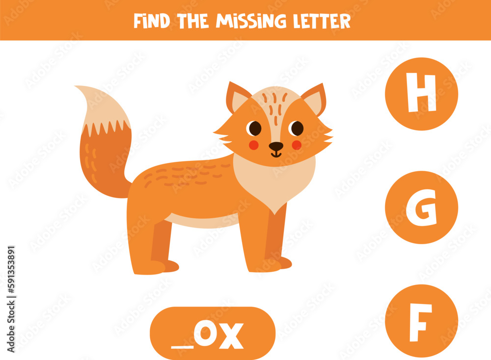 Fototapeta premium Find missing letter with cute cartoon fox. Spelling worksheet.