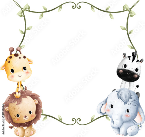 Photography Watercolor Illustration tropical leaves wreath frame with cute baby animals