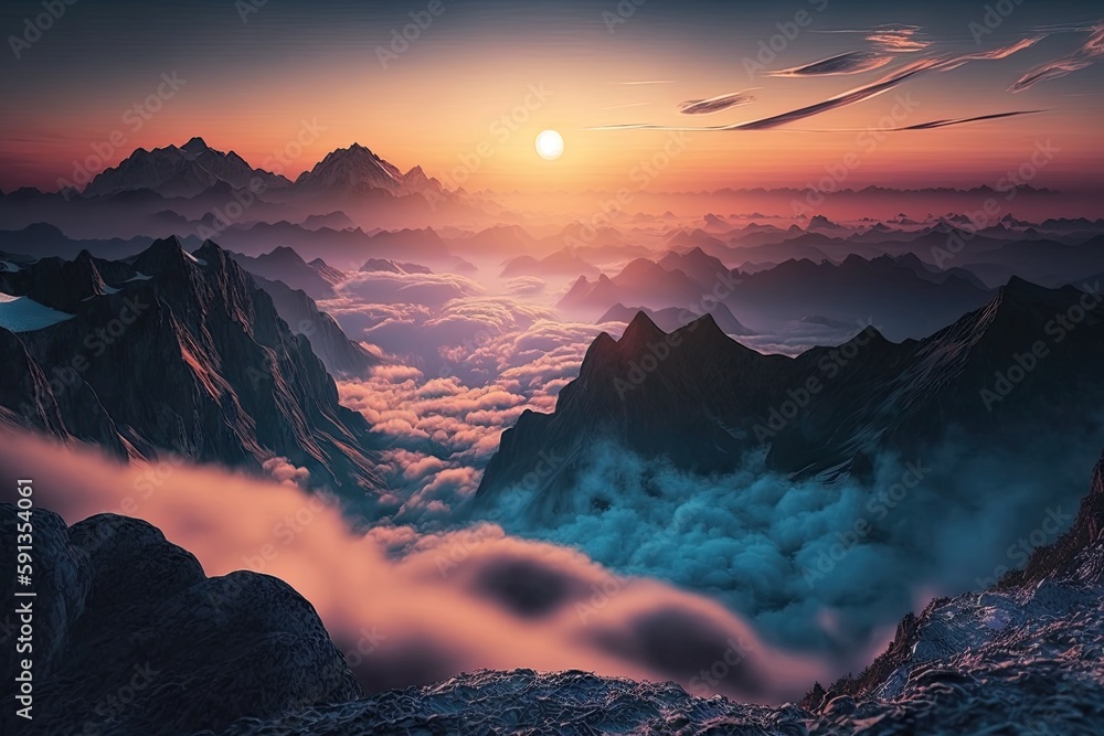 beautiful sunset over a majestic mountain range. Generative AI