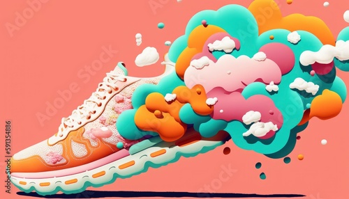 abstract illustration of a shoe sneakers design, vibrant strike colors with isolated background, single shoe lace, vintage vibe floaty creamy patterns flat fashion, generative ai