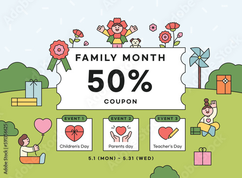 Family month event. Coupons,gifts,flowers and children on park background. banner template.