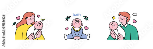 family month. People who appreciate their parents and love their children. Mother holding a baby, father holding a baby, cute baby characters.