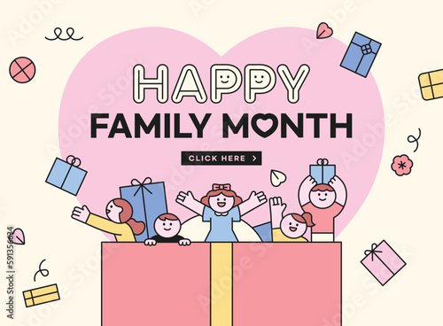 Family month event. Children and presents pop out of a large gift box. banner template.