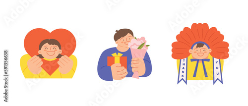 family month. People who appreciate their parents and love their children. A face in a heart, flowers and gifts, a person with a wreath.