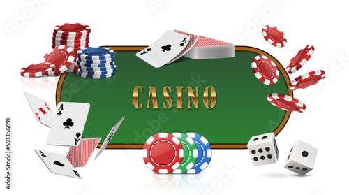 3d realistic vector illustration. Poker casino gambling banner accesories. Set of blackjack game chips, aces, dice.