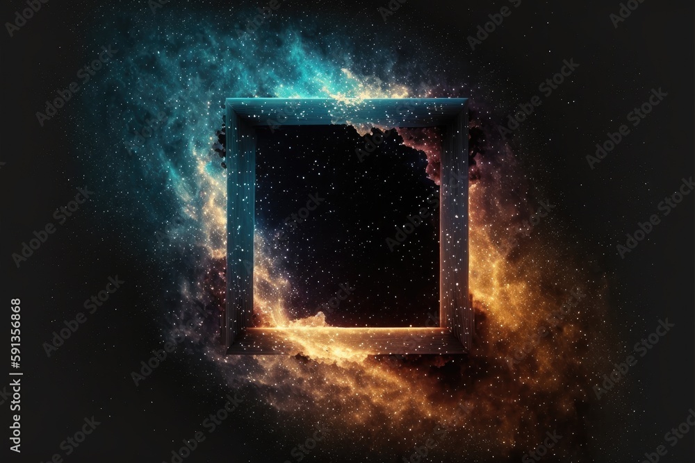 Abstract in glowing neon starlight and particles in square shape. Concept of fantastic sparkle dust with hole frame in nebula space. Finest generative AI. - obrazy, fototapety, plakaty 