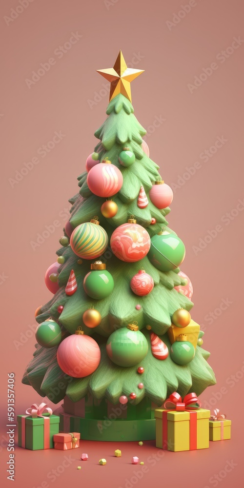 Christmas tree. Merry christmas and happy new year festive background. Christmas 3d cartoon design. Bright greeting card, poster, banner. generative ai