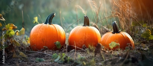 Autumn Halloween pumpkins. Orange pumpkins over nature background Generative AI
