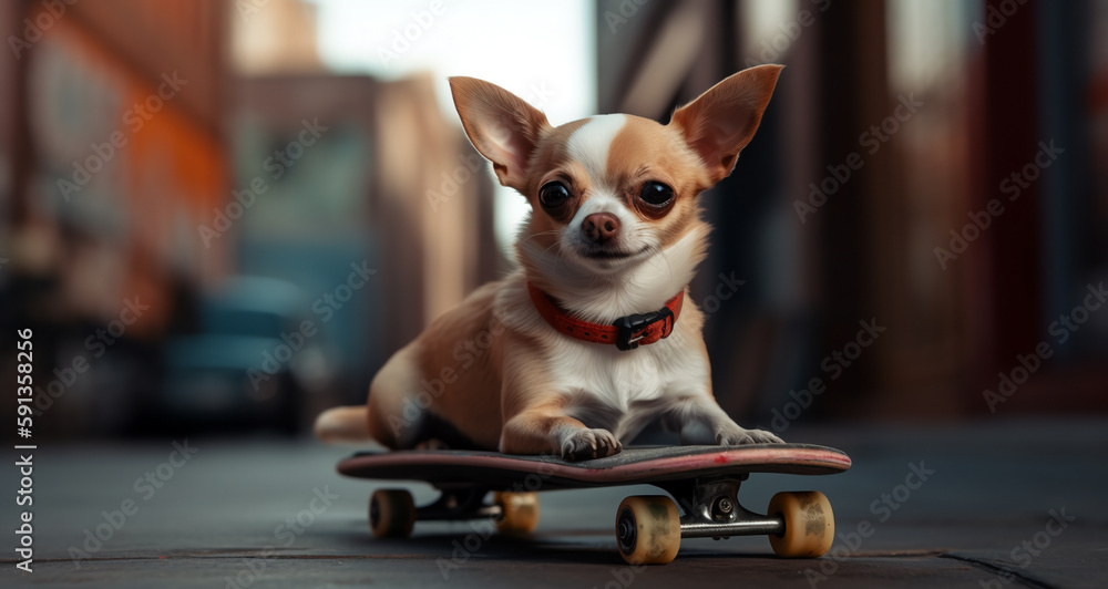 Chihuahua riding a skateboard