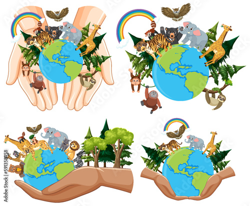 Save the world and animal cartoon logo