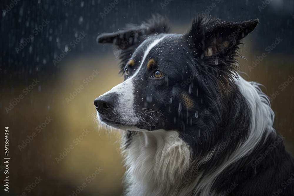 Wet Dog in the Rain: A Close-Up View. Generative AI