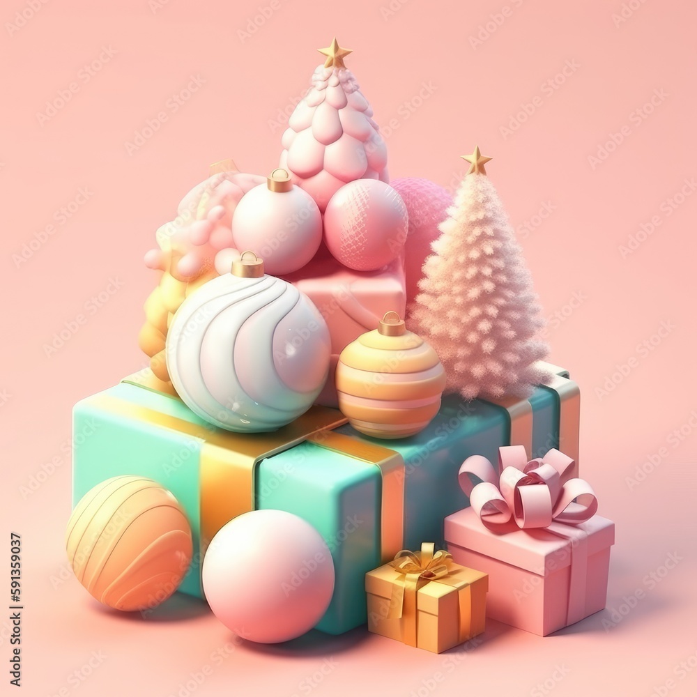 Merry christmas and happy new year festive background. Christmas 3d cartoon design. Bright greeting card, poster, banner. generative ai Merry christmas and happy new year festive background. Christmas 3d cartoon design. Bright greeting card, poster, banner. generative ai