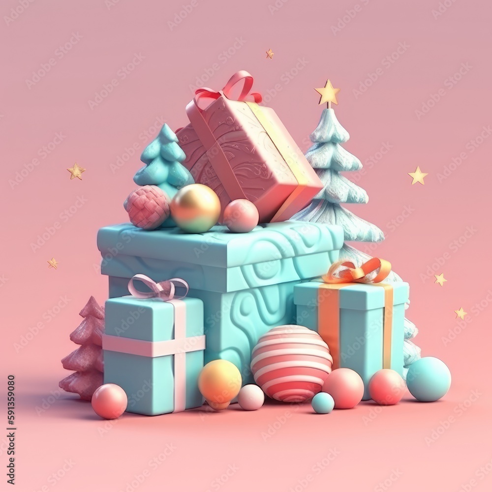 Merry christmas and happy new year festive background. Christmas 3d cartoon design. Bright greeting card, poster, banner. generative ai Merry christmas and happy new year festive background. Christmas 3d cartoon design. Bright greeting card, poster, banner. generative ai
