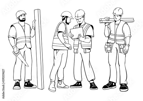 Construction workers set. Carpenter repairman wearing uniform. Vector, Line art.