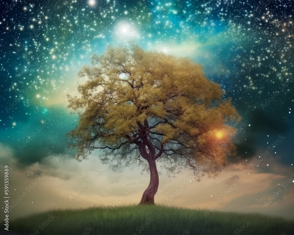 tree on the hill. night sky with stars and nebulas. tree on the hill. night sky with stars and nebulas.