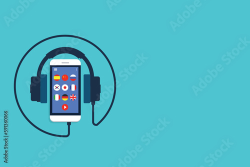Learning Foreign Language Courses. Smartphone with Educational App.