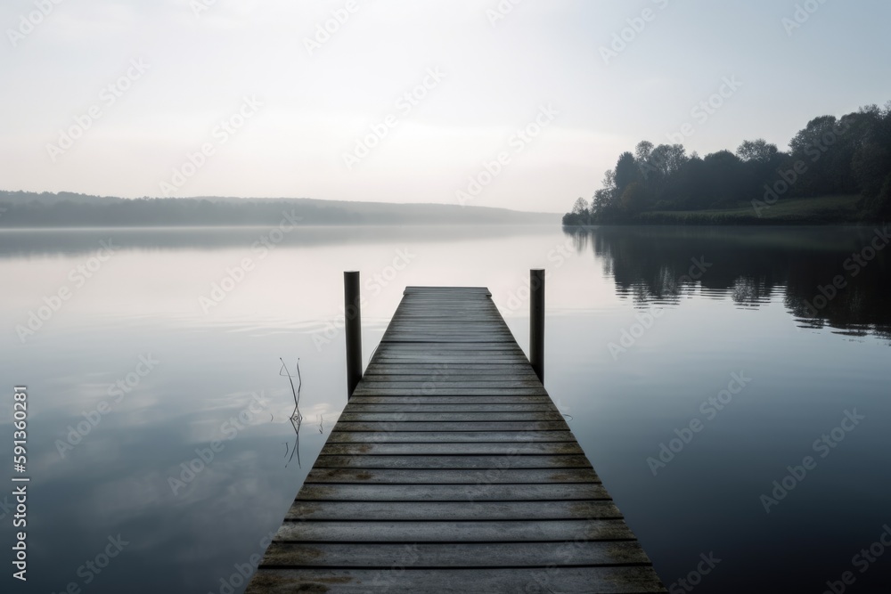 Tranquil Serene Lakeside View, Wooden Pier, Calm Water, Peaceful Nature Escape, Reflections on Surface - Generative AI