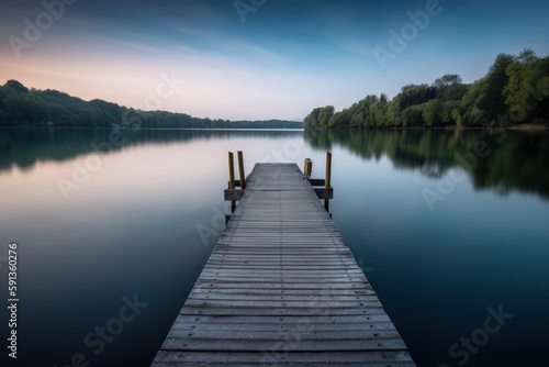 Tranquil Serene Lakeside View  Wooden Pier  Calm Water  Peaceful Nature Escape  Reflections on Surface - Generative AI