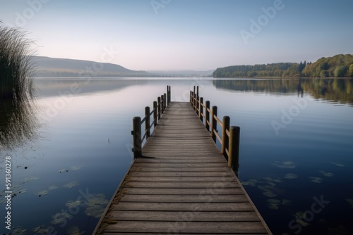 Tranquil Serene Lakeside View, Wooden Pier, Calm Water, Peaceful Nature Escape, Reflections on Surface - Generative AI