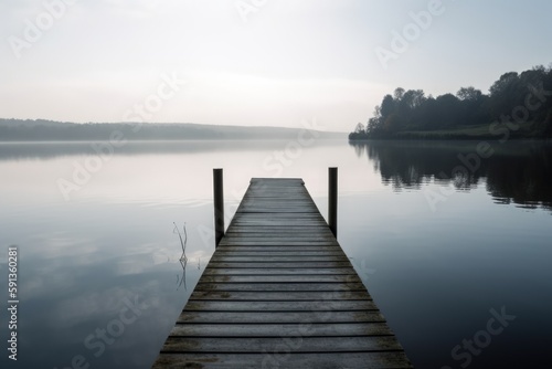 Tranquil Serene Lakeside View, Wooden Pier, Calm Water, Peaceful Nature Escape, Reflections on Surface - Generative AI © A Sku