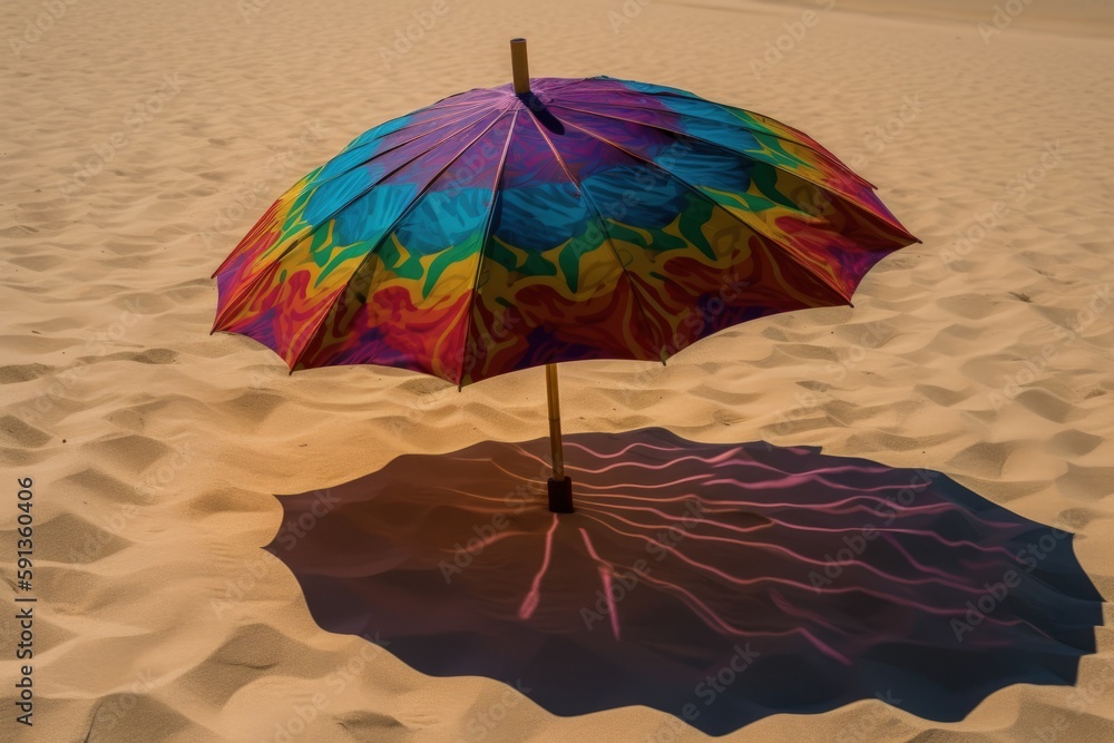 Striking Colorful Parasol, Sunlit Sandy Beach, Shade, Relaxing Seaside Vacation, Summer Atmosphere - Generative AI